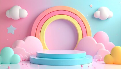 Pastel-colored stage with rainbow, clouds, and stars backdrop