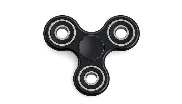 A black, three-pronged fidget spinner sits on a white background
