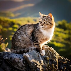Obraz premium Feline perched on rock, looking left, sunlight enhancing fur details