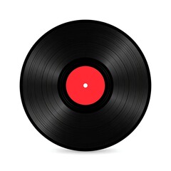 A black vinyl record with a red label, isolated on white background