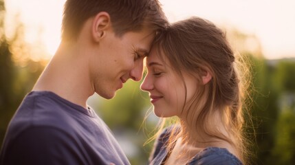 a beautiful young couple standing close together, soft natural light illuminating their faces, warm smiles and gentle expressions, serene outdoor