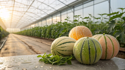 Fresh ripe melons growing in a greenhouse with morning dew on their surface. The image shows healthy orange melons hanging on vines, symbolizing organic farming, freshness, and agricultural