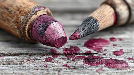 Close-Up of Purple Crayon and Pencil on Weathered Wooden Surface