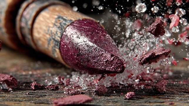 Close-Up of Broken Burgundy Pencil with Shavings on Wood Surface - Powered by Adobe