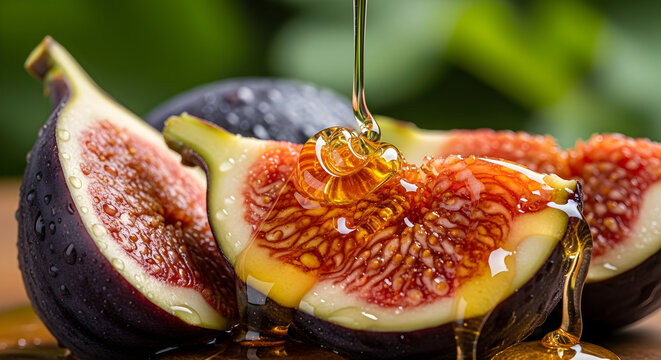 Delicious autumn healthy food: Fresh figs with golden honey drizzle and refreshing water droplets.