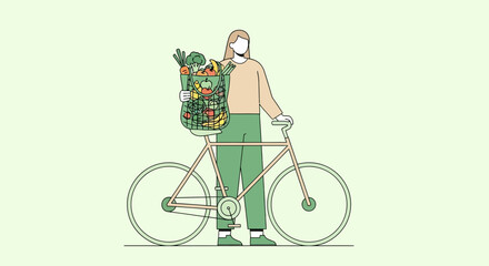 Vector eco lifestyle illustration – person with bicycle and reusable grocery bag in modern flat minimal style