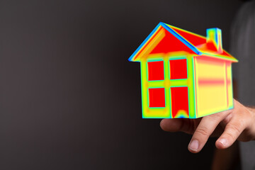 A hand holding a colorful house model, concept for real estate, energy efficiency, home security, and investment. Ideal for illustrating concept