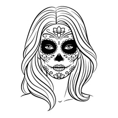 Illustration of a woman with sugar skull makeup, long hair, and floral designs on her face.