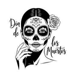 A black and white illustration of a woman with sugar skull makeup and a rose.