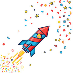 A cartoon rocket blasts off, leaving a trail of fire and colorful confetti.