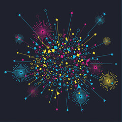 Abstract illustration featuring a burst of colorful geometric shapes and lines radiating outwards on a dark background.
