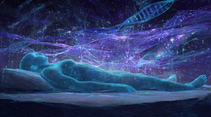 a human body lying on the is composed of glowing digital lines, with dna strands floating above it and holographic projections surrounding them