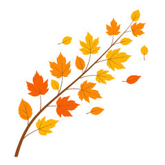 A stylized illustration of a tree branch with vibrant autumn leaves in various shades.