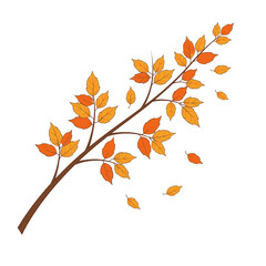 A stylized illustration of a tree branch with vibrant autumn leaves blowing.