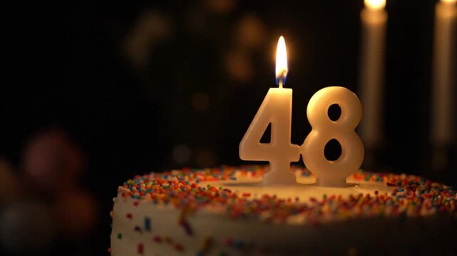 The video captures an intimate 48th birthday celebration, featuring a sprinkle-covered cake illuminated by a glowing "48" candle against a softly lit, dark background, evoking a moment of warm anti...