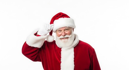 Fototapeta premium A jolly Santa Claus in his iconic red suit and hat, tipping his hat with a friendly smile.