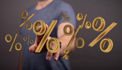 Image of a person touching floating percent signs, representing financial concepts like discounts,...