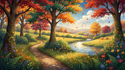 Create a luminous brilliantly colored early autumn scene set in a lush rural area with a charming dirt path edged by ferns and grasses winding gently through the landscape bordered by tall overgrown h
