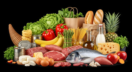 Autumn Healthy Food Bounty: Diverse Fresh Produce, Proteins, Dairy, and Grains.