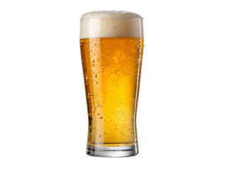 A tall glass of golden lager beer with a frothy white head and condensation droplets isolated on transparent background