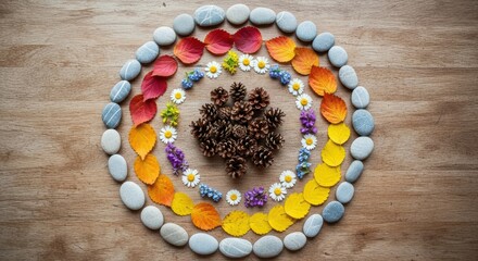 Circular Autumn Mandala of Leaves Stones and Pinecones on Wood