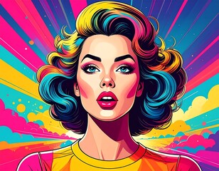 Bold, colorful pop art portrait of a woman with vibrant hair and makeup