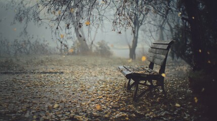 abandoned autumn garden at dawn, soft fog covering the ground, yellow leaves swirling in the wind, empty wooden bench under bare trees, nostalgic