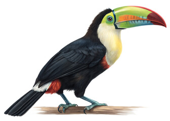 Obraz premium Colorful toucan bird with large beak perched on a branch isolated on transparent background