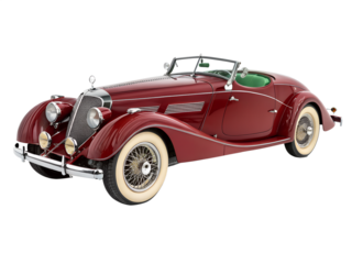 Elegant vintage maroon convertible luxury automobile with white wall tires isolated on transparent background
