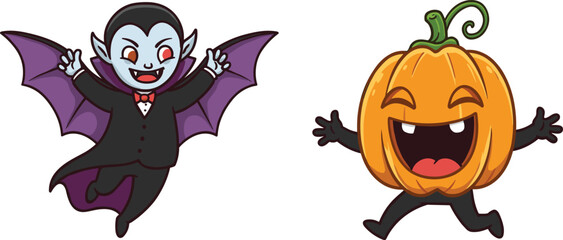 Cartoon Halloween vampire jumping with cape, joyful pumpkin head character leaping with vine, playful spooky festive monster illustration, humorous holiday design