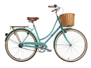 Retro teal bicycle with a woven basket on the front handlebars and a brown leather seat isolated on transparent background