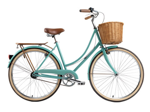 Retro teal bicycle with a woven basket on the front handlebars and a brown leather seat isolated on transparent background