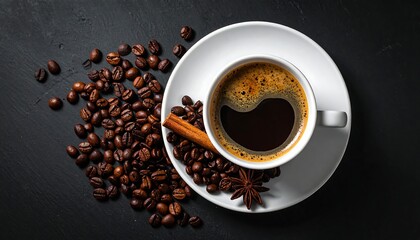 Obraz premium Overhead view of coffee in a white cup, beans, star anise, cinnamon
