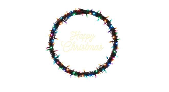 Festive Christmas light wreath with happy Christmas text isolated on a transparent background for the holiday