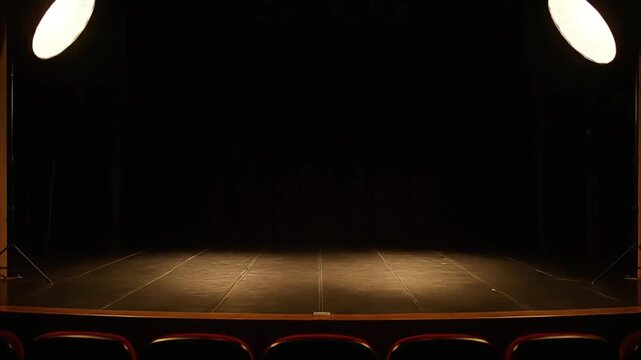 Dramatic Empty Stage Under Bright Spotlights Featuring Elegant Golden Curtains and Dark Background Perfect for Theatrical Productions Concert Openings or Event 