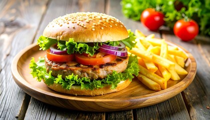 A delicious burger with sesame seed bun is on a wooden plate, accompanied by golden fries, fresh tomatoes, onions, and lettuce. The wood background gives a rustic vibe