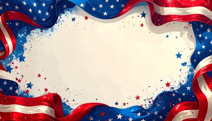Patriotic background featuring flowing ribbons, stars, and open space