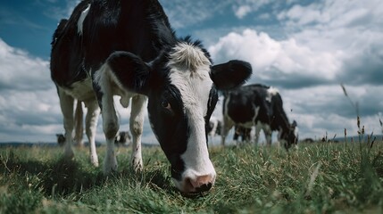 Low angle view of a black and white cow grazing in a lush green pasture with other cattle visible in the background under a dynamic cloudy sky
