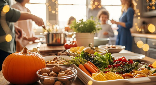 Delicious autumn healthy food ready for a festive family meal in a warm and inviting kitchen setting, featuring fresh produce and a seasonal pumpkin.