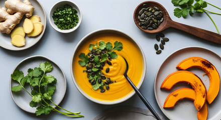 Delicious Autumn Healthy Food: Creamy Pumpkin Ginger Soup with Toppings and Fresh Ingredients, a Wholesome Seasonal Meal.