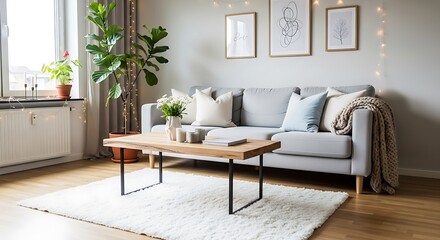 A cozy living room with a gray sofa, a wooden coffee table, and a fluffy white rug.