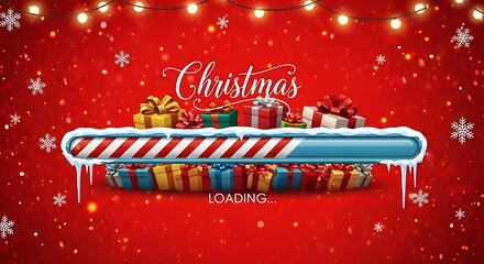 Festive christmas loading bar with colorful gift boxes and twinkling lights on a red background with snowflakes symbolizing anticipation for the holiday season