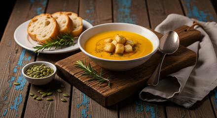 Comforting Autumn Healthy Food: Creamy Pumpkin or Butternut Squash Soup with Crispy Croutons, Fresh Rosemary, and Sourdough Bread on a Rustic Wooden Table