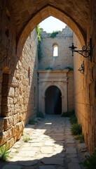 Obraz premium Sunlight Illuminates Ancient Church within Crumbling City Walls A Captivating Juxtaposition of Faith and History in Europe