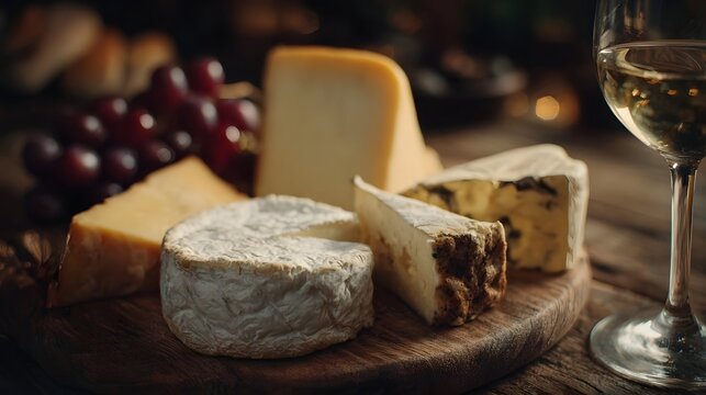 An artfully arranged cheese board featuring a variety of artisanal cheeses fresh red grapes and a stemmed glass of white wine - Powered by Adobe