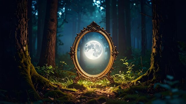 Golden framed oval mirror reflecting a full moon landscape in a dark, fairytale forest illuminated by moonlight and bioluminescence.