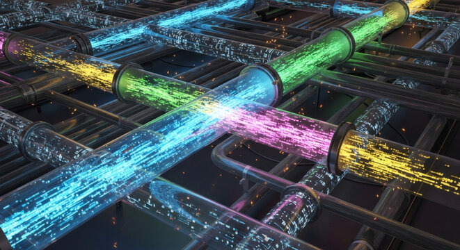 Abstract visualization of flowing colorful light streams through a complex network of pipes and conduits