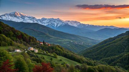 Obraz premium surrounded by rugged, rocky terrain. In the foreground, colorful prayer flags in red, yellow, green, blue, and white are strung along the left side, adding a cultural element to the scene