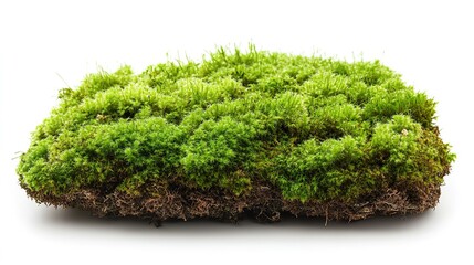 Fresh Green Moss with Young Plants on Soil Layer Isolated on White Background