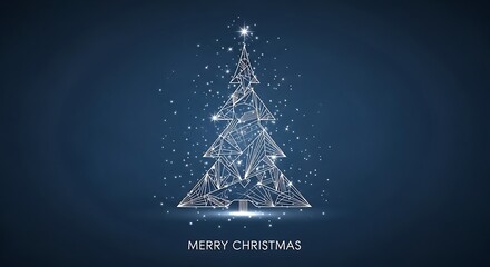 Abstract glowing christmas tree made of geometric shapes and particles on a dark blue background with subtle snow effect and merry christmas text
